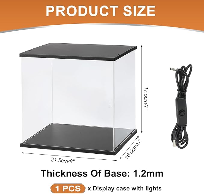 MECCANIXITY Clear Display Case, Acrylic Figure Display Case Clear Display Boxes for Collectibles, Figures Model Toys Home Storage(with Square LED Light, 8x6x6 Inch Black Base)