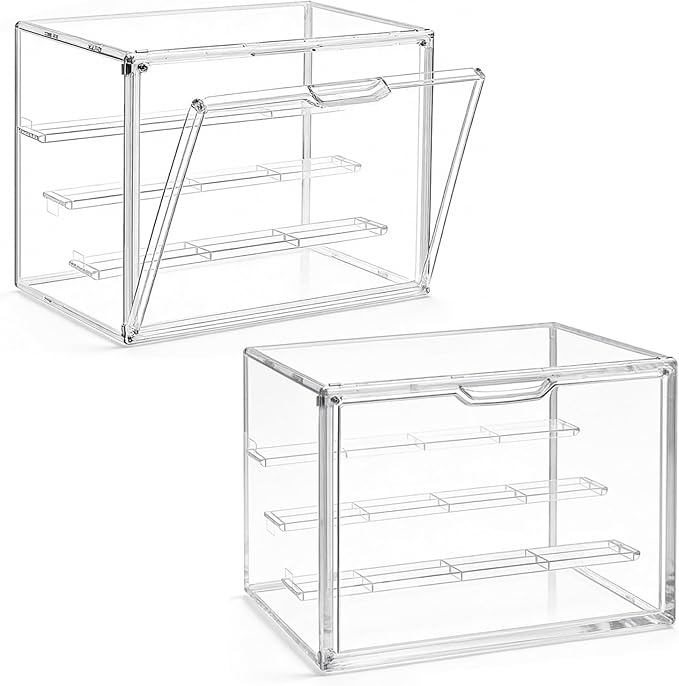 Clear Acrylic Display Case for Collectibles Storage Box 4 Tiers Stackable Showcase with 3 Movable Plates,Magnetic Door for Action Figures Mini Potted Plants Blind Box (2 Packs,XL,14.2"x 8.7"x 10.6")