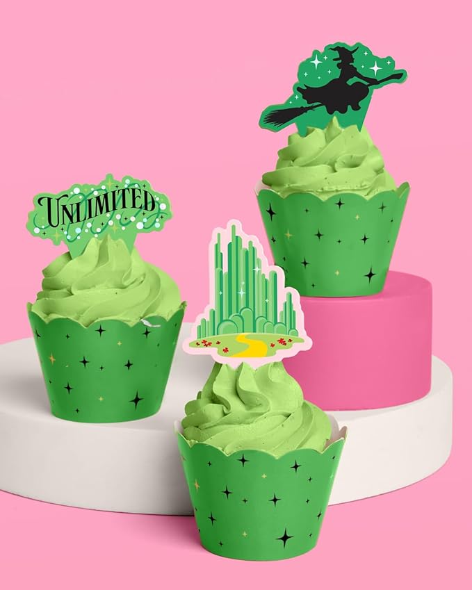 xo, Fetti Pink + Green Witch Cupcake Toppers + Wrappers - Set of 24 | Kids Cake Decoration, Popular Party Decor, Unlimited Wizard Supplies, Dessert Accessory
