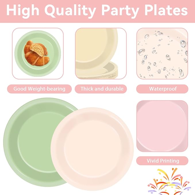 96Pcs Pink and Sage Green Birthday Party Decorations Olive Dusty Pink Metallic Gold Nude Paper Plates and Napkins Boho Tablewares for Girl Birthday Baby Shower Bachelorette Party Supplies 24 Guest