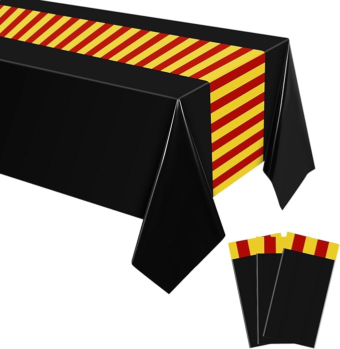 Oudain 3 Pcs Wizard Tablecloth 54 x 108 Inches Plastic Black Table Cover Red Golden Tablecloth Disposable Magical Party Supplies for Halloween Witch Birthday Party Decoration (Black Stripes)