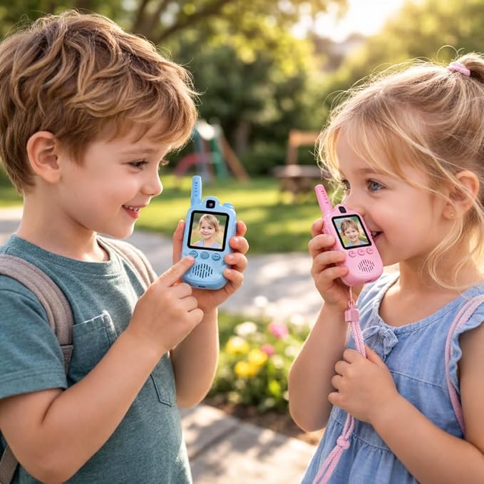 Video Walkie Talkies for Kids 2 Pack with Dual Camera, 2.0” Screen, Voice Chat & Photo Capture – 150–500m Range, Fun Voice Effects, Auto Pairing, 650mAh Rechargeable Battery