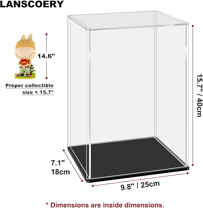 LANSCOERY Acrylic Display Case, Assemble Showcase Display Box for Collectibles, with Dustproof & Seamless Display Design, 9.8x7.1x15.7 inch Black Base