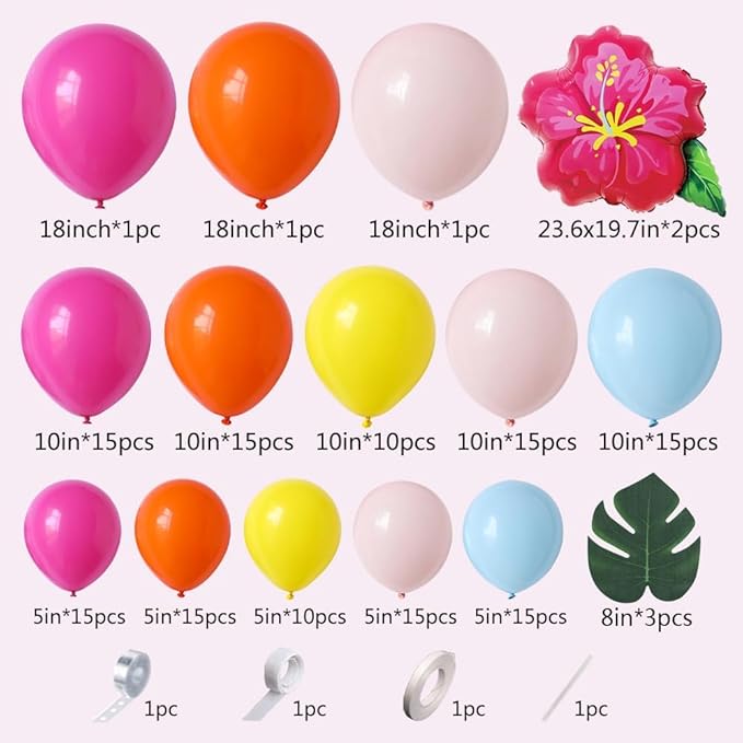 152Pcs Moana Birthday Party Decorations, Hot Pink Orange Macaron Pink Blue Balloons Garland Arch with Hibiscus Foil Balloon for Summer Tropical Luau Hawaii Magic Party Supplies
