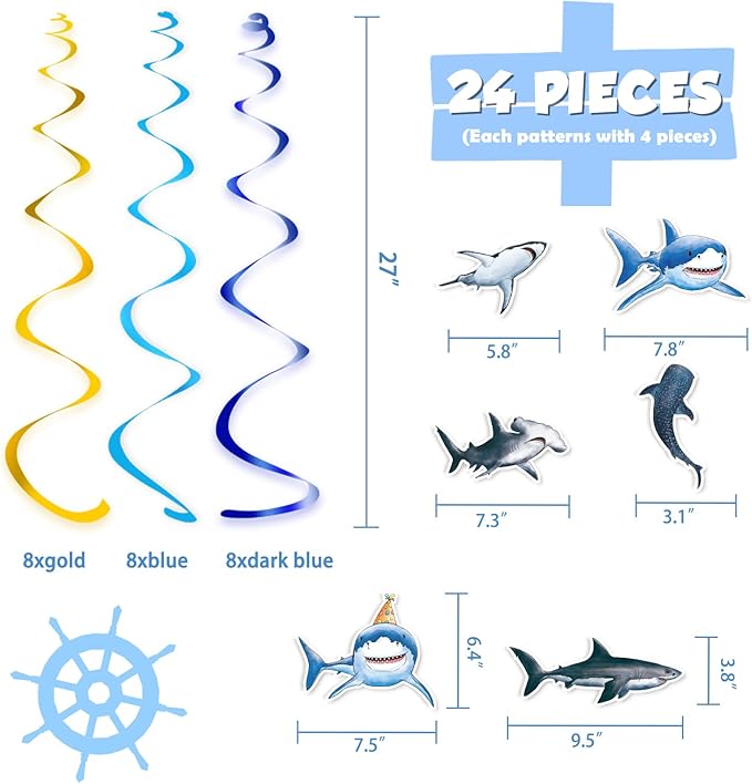WERNNSAI Shark Party Hanging Swirls – 24 PCS Shark Party Supplies Birthday Decorations for Boys Ocean Shark Themed Party Baby Shower Ceiling Decor
