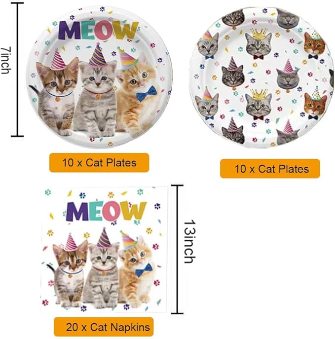 40PCS Cat Birthday Party Supplies Kitten Birthday Party Decorations Cat Plates and Napkins Party Supplies Disposable Plates for Cats Themed Parties Supplies, Serves 20