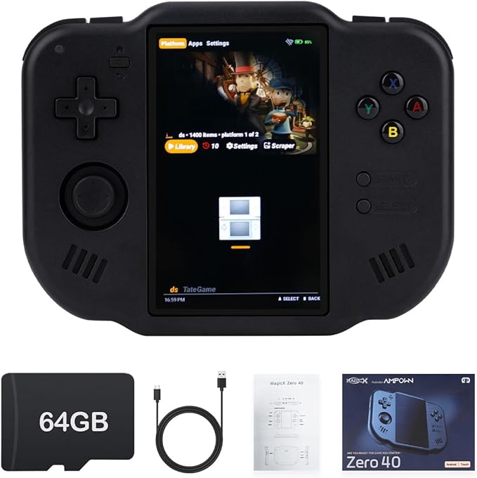 MagicX Zero 40 Handheld Game Console, 4.0 Inch IPS Screen Retro Video Games Consoles with 4300mAh Long Battery Life & 64GB TF Card Preloaded Games, WiFi Wireless Connection Classic System (Black)