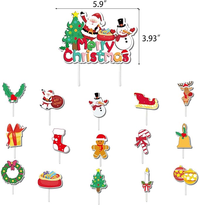 43Pcs Christmas Party Decorations Snowman Santa Claus Party Supplies 1 Pcs Merry Christmas Banner 24Pcs Red Green Balloons 2Pcs Ribbons and 16 Pcs Cupcake Toppers for Party Indoors Decor