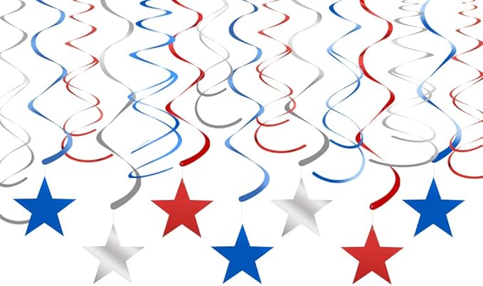 30 Pack Patriotic Star Swirl Decorations, Red Blue Silver Foil Streamers for Ceiling, 4th of July Independence Day Graduation Party Supplies