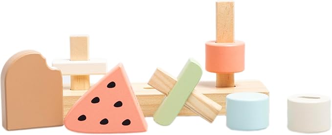 Pearhead Wooden Ice Cream Stacking Toy, Easter Basket Stuffers, Montessori Play Food Set for Fine Motor and Pretend Kitchen Play, Ages 12m+