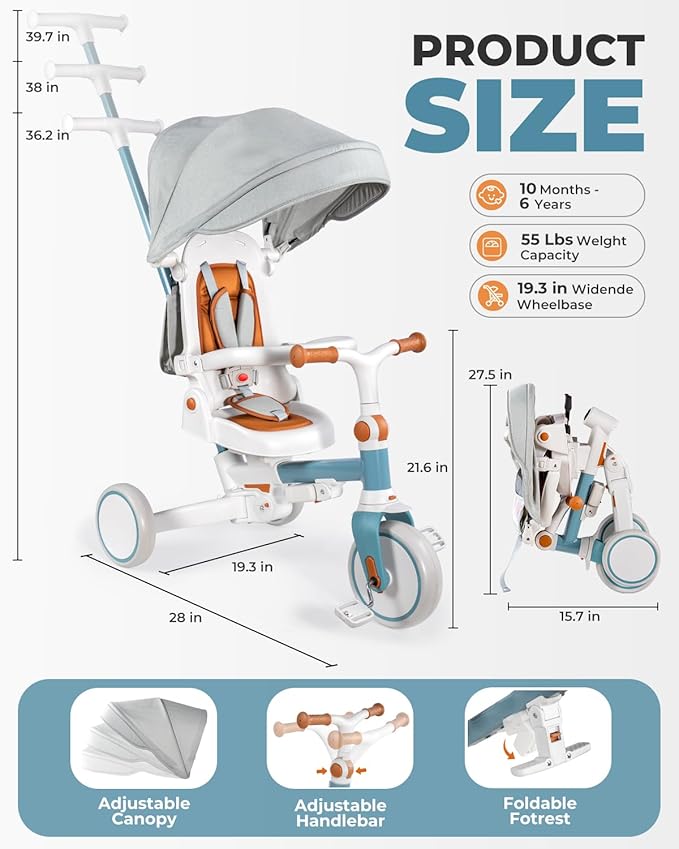7-in-1 Tricycle for Toddlers 1-3 Years, Foldable Baby Trike Stroller with Steering Push Handle, Gift for Boys Girls 12 Months to 6 Years- Blue