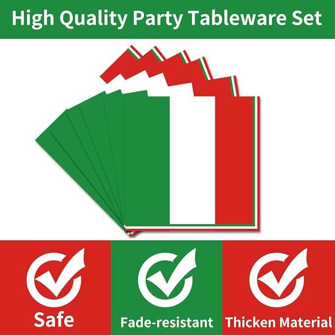 96 Pcs Italian Party Decorations, Italian Flag Plates and Napkins Party Supplies, Italian Theme Tableware Set, Red White and Green Party Decors Favors Disposable Dinnerware Serve 24 Guests