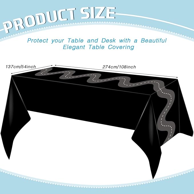 Irenare 3 Pcs Racing Table Cloths Car Birthday Party Supplies 54 x 108 Inch Racetrack Table Runner Covers Disposable Rectangular Road Tablecloth for Kids Boy Car Theme Birthday Party Decor (Black)