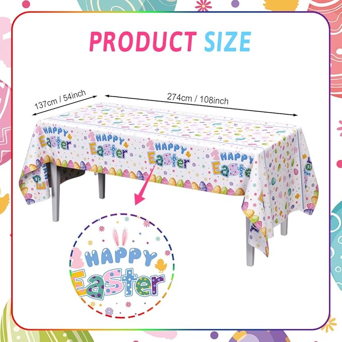3 Pcs Easter Bunny Tablecloth Decorations Happy Easter Decorations Colorful Rabbit Eggs Spring Plastic Tablecloth Family Table Cover 108 x 54 Inch
