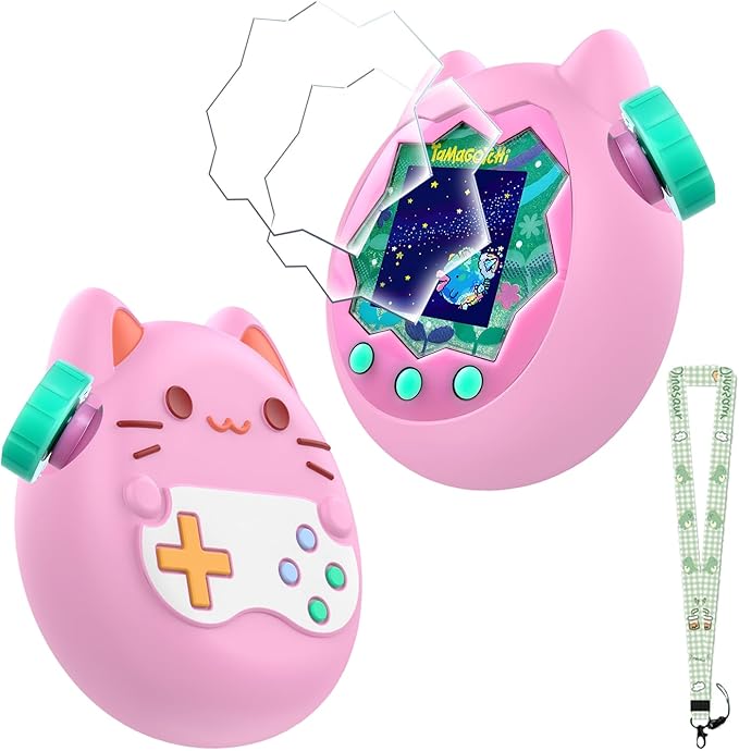 Case for Tamagotchi Paradise with Lanyard & 2 Screen Protectors – Cute Silicone Cover for Kids, Shockproof Shell for Tamagotchi Keychain, Anti-Drop Holder (Pink)