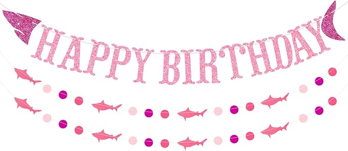 Shark Happy Birthday Banner and Garlands, Ocean Beach Under The Sea Theme Party, Shark Party Supplies (Pink)