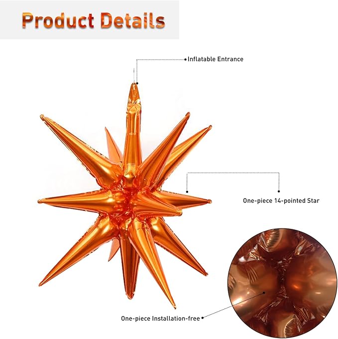 6 Pcs Orange Star Foil Balloons One-Piece 14-Pointed Star Balloon 4D Starburst Cone Mylar Balloon 22inch Christmas Birthday Wedding Wedding Anniversary Party Supplies(Orange)