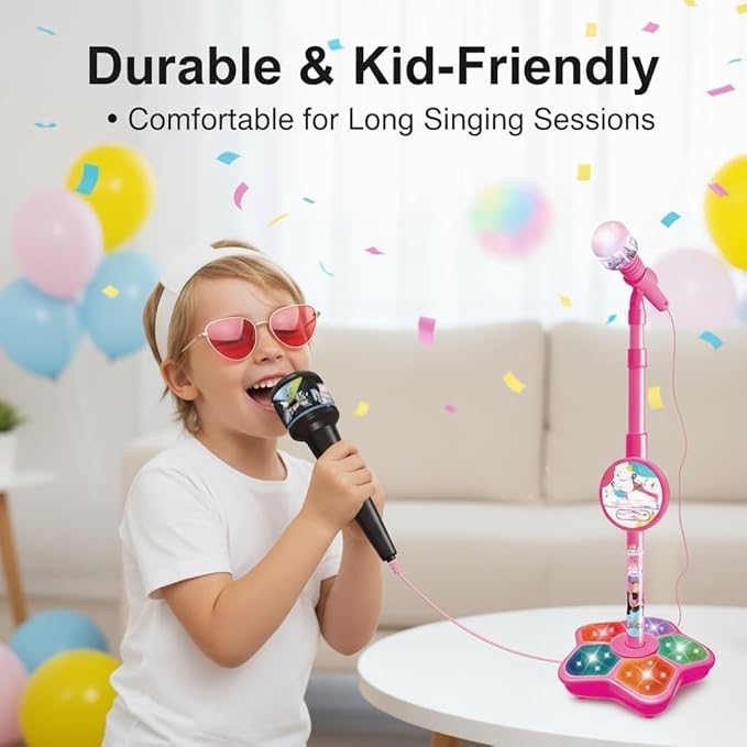 The All-in-One Microphone Toy, Portable Kids Karaoke Machine, Kids Microphones with Stand, with Flashing Stage Lights and Pedals, Guitar Toys for Fun Musical Effects (Blue, Microphone)