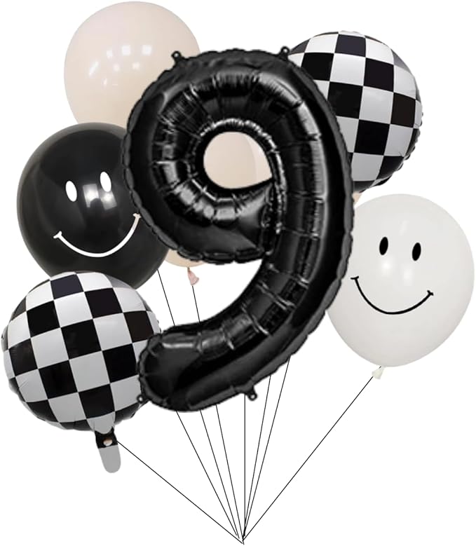 100% LIKED-One Happy Dude Balloon Set, 40” Black Number|Black & White Smiley Face Latex |Checkered Foil for One Happy Dude Birthday Decorations, Baby Shower, 9th Birthday Party Supplies (Black9th)
