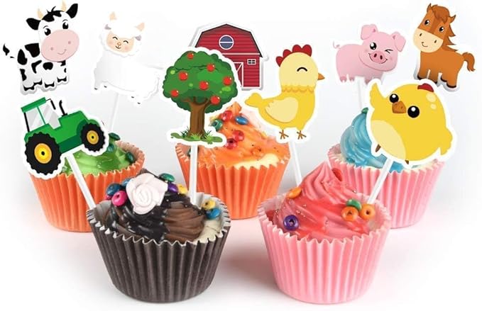 WERNNSAI 36 PCS Farm Cupcake Toppers - Farm Animal Birthday Decorations Animal Cake Toppers Picks Barnyard Party Decorations for Kids Baby Shower Birthday Tractor Theme Party Supplies