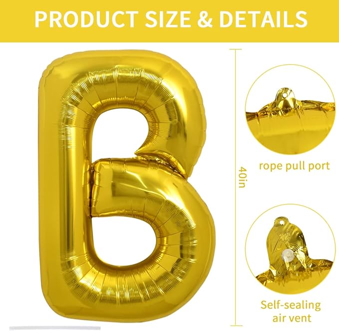 TONIFUL 40 Inch Large Gold Letter B Balloons - Helium Filled, Foil Mylar Big Balloons for Birthday Party & Anniversary Decorations