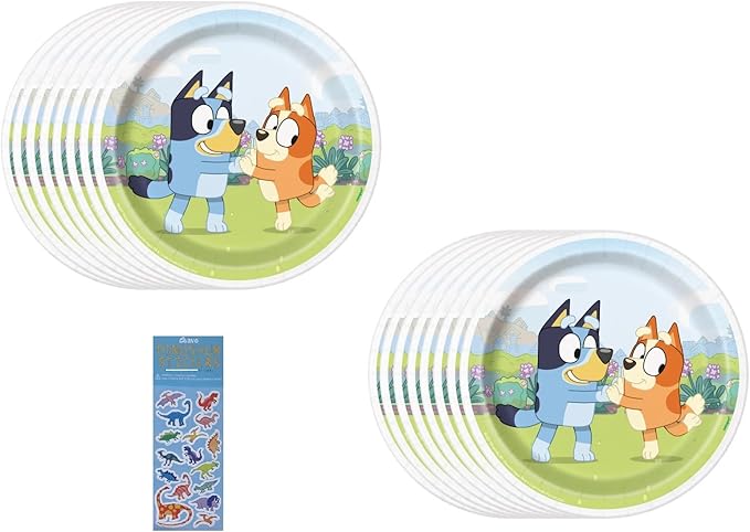 Bluey Birthday Party Supplies Bundle Pack includes 16 Dessert Cake Paper Plates and 1 Dinosaur Sticker Sheet