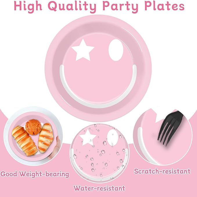 48Pcs Pastel Smile Face Party Supplies Pastel Smile Face Paper Plates 7" Colorful Preppy Dessert Plates Preppy Party Decorations for Kids Birthday Baby Shower Favors Serves 48 Guests