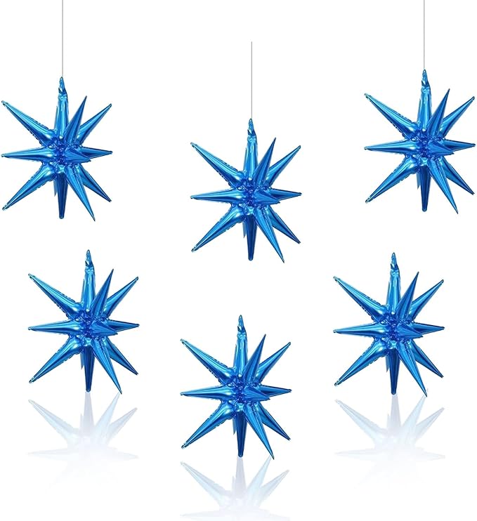 6 Pcs Blue Star Foil Balloons One-Piece 14-Pointed Star Balloon 4D Starburst Cone Mylar Balloon 22inch Christmas Birthday Wedding Wedding Anniversary Party Supplies(Blue)