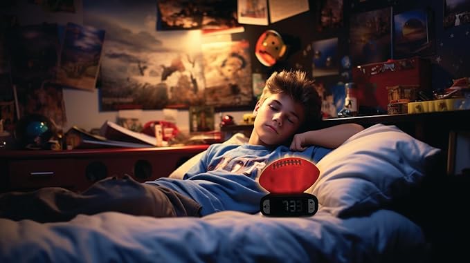 LEXiBOOK, American Football - Night Light Alarm Clock, Sounds and Melodies, Backlit LCD Screen, Luminescent, Snooze, Orange/Blue, RL800SO