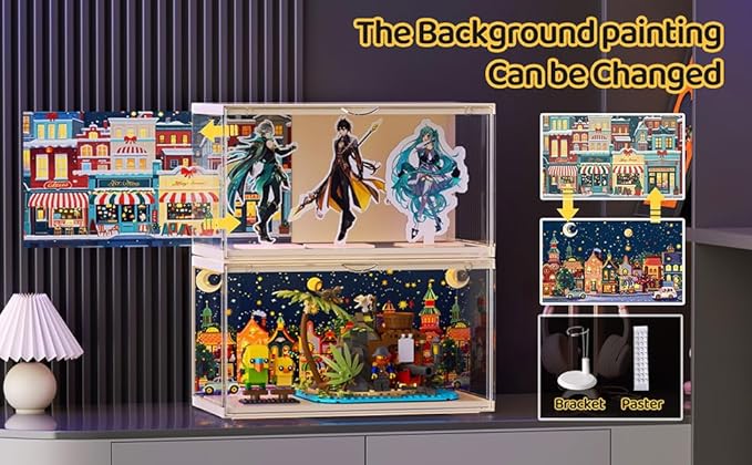 Clear Display Cases for Collectibles - Dustproof Display Cabinet with Removable Backdrop, DIY Scene Setup for Action Figures & Model Collections (Black)
