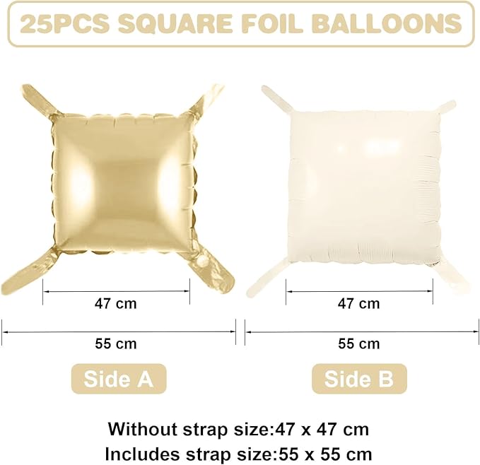 Sand White Gold Square Foil Balloon Wall,25Pcs Double Sided Foil Balloons Backdrop Helium Tunnel Arch Garland Kit for Birthday New Year Bridal Wedding Anniversary Baby Shower Party Decorations
