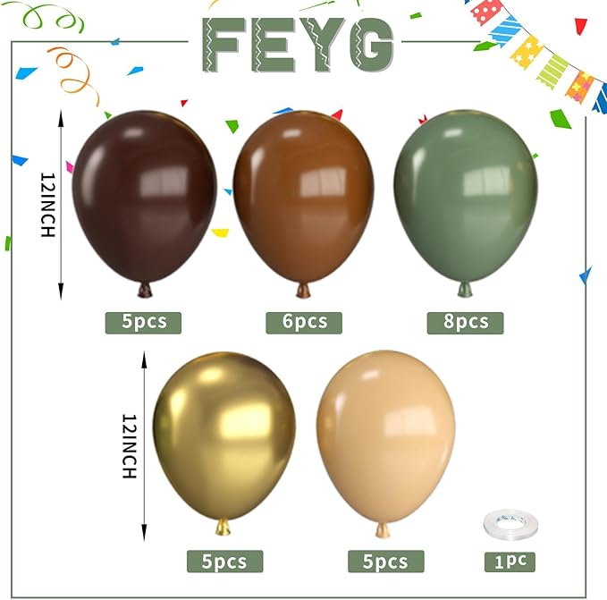 Green and Brown Balloons,12 Inch Sage Green Nude Metallic Gold and Brown Latex Balloons with Ribbon,for Birthday Baby Shower Camo Woodland Jungle Safari Party Decorations