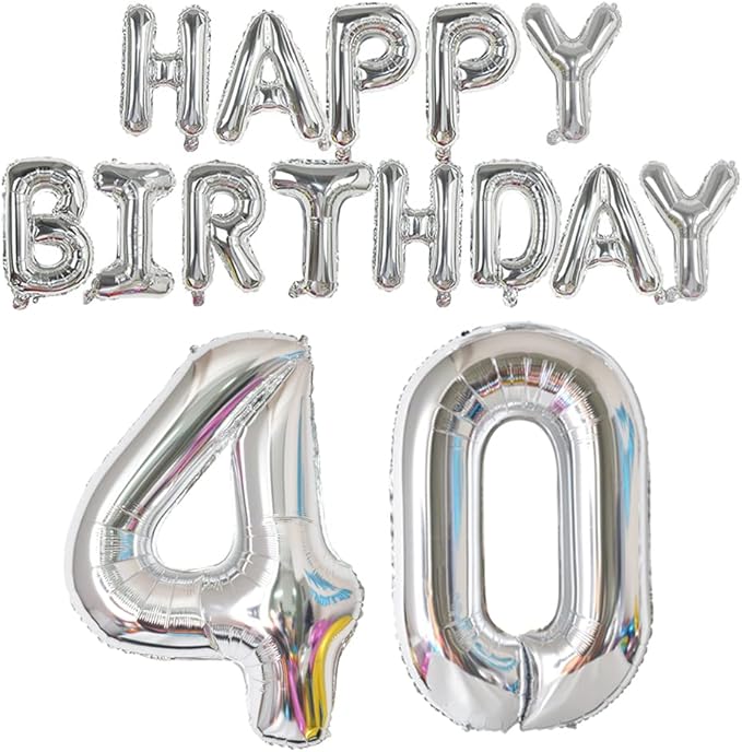Happy Birthday Balloon Banner 40 inch 40 Balloon Number 16 Inch Happy Birthday Letters Balloons Silver Foil Mylar Balloons for Women and Man 40th Birthday Decorations Party Supplies