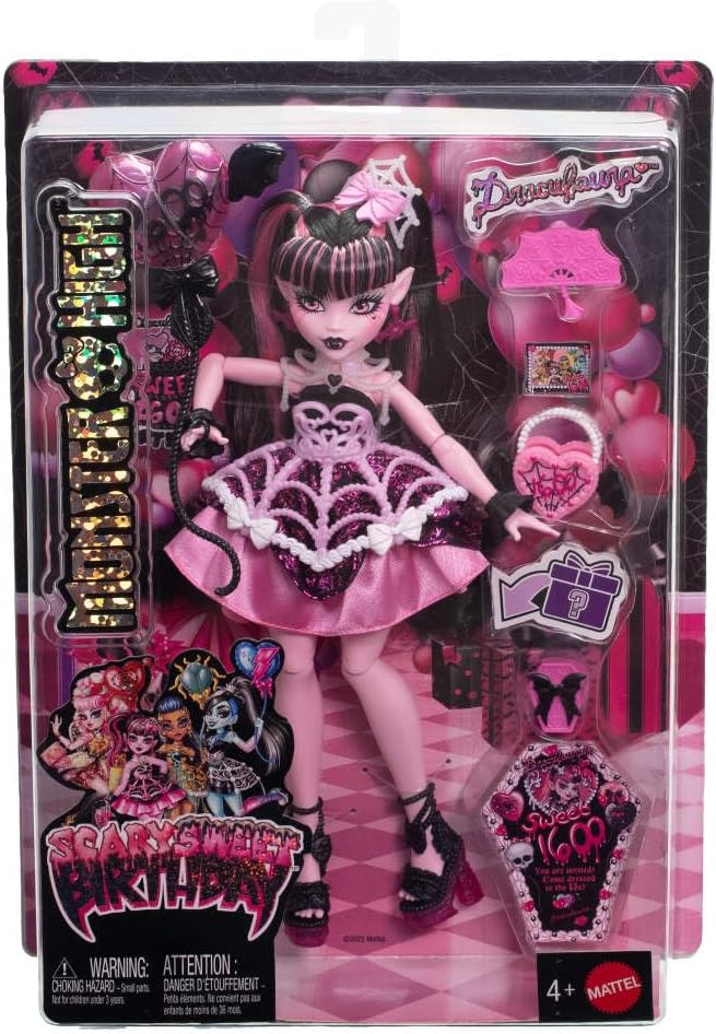 Monster High Scary Sweet Birthday Doll, Draculaura in Pink Party Dress with Themed Accessories Like Invite, Balloon, Gift, Fan and More