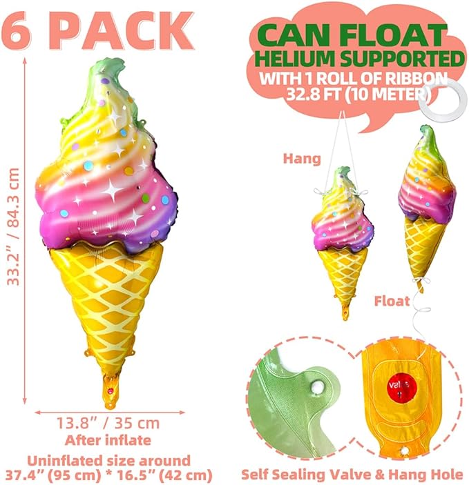 Rainbow Ice Cream Cone Balloon Candies Sweetmeat Food Party Supplies For Birthday Wedding Baby Shower, 6 Pack Big Ice Cream Balloons Dessert Sweet Food Candy Balloons IceCream Swirl Display Decoration