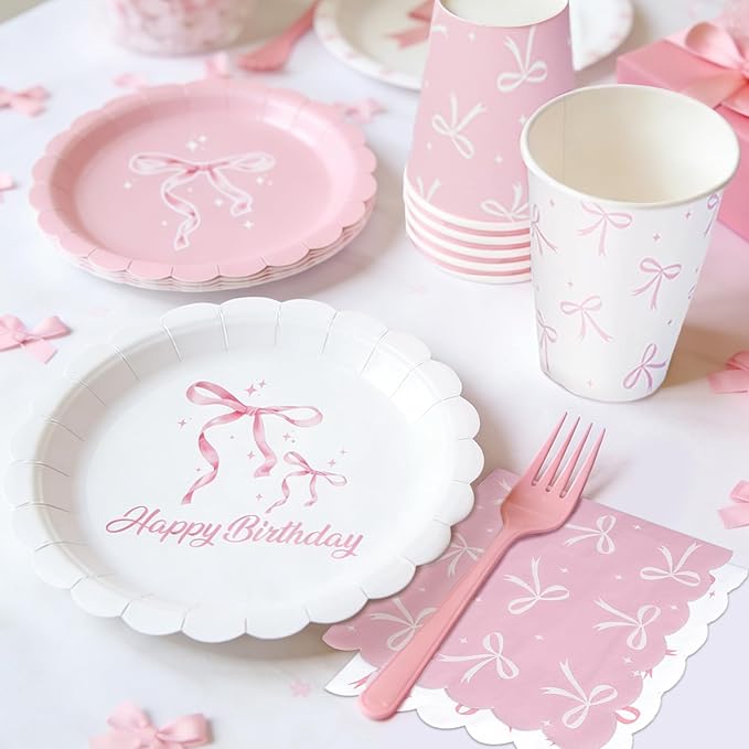 96 Pcs Pink Bow Plates and Napkins Tableware Set (Serve 24), Bow Birthday Decorations, Party Supplies Include Plates Napkins Plastic Forks, Pink Birthday Decorations