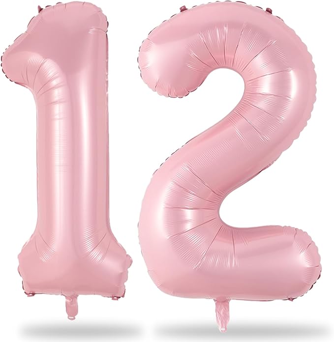 Light Pink 12th Birthday Balloon for Girls, 40'' Mylar Self Inflating Number 12 Balloon, Big Foil 1 & 2 Helium Pastel Pink Balloon for Women 21st Birthday Party Decoration Anniversary Decor Supplies