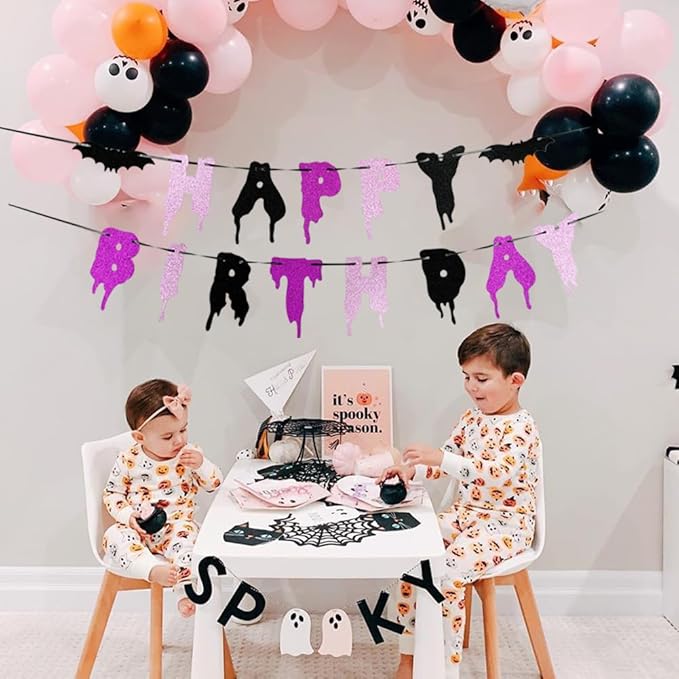 Halloween Happy Birthday Banner – Bday Party Decoration, Glitter Bloody Hanging Garland with Spooky Bats, Halloween Theme Party Supplies, Indoor & Outdoor