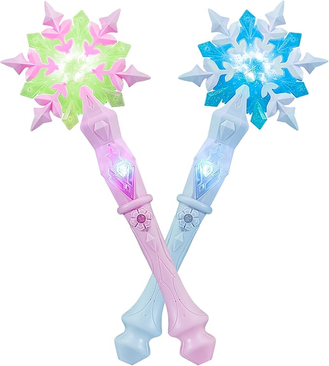 KingGlee Light Up Snowflake Wand with Music, Motion Sensitive Magic Princess Toy Wands for Kids Girls Birthday Roleplay Party Favor 2 Pack, Blue & Pink