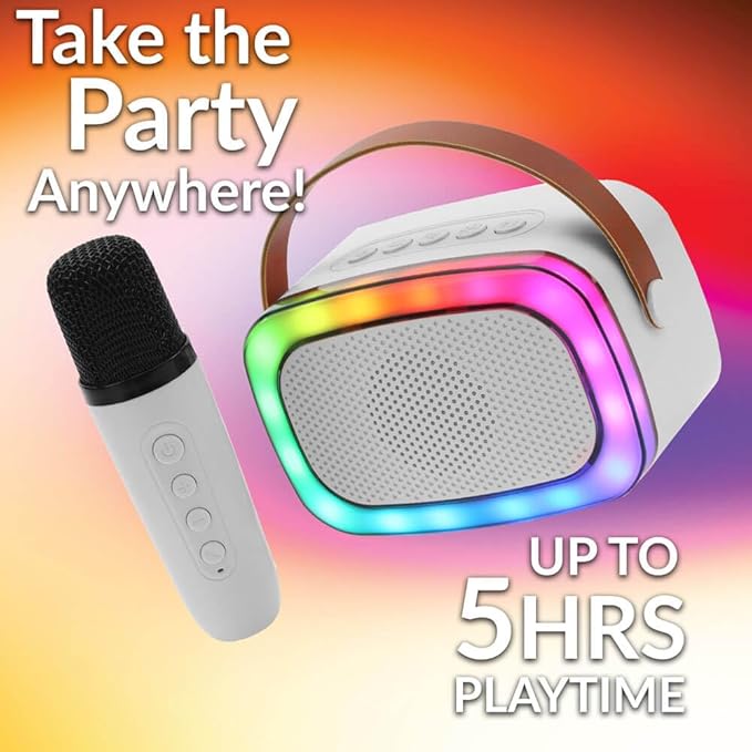 IQ Sound IQ-908K Mini Karaoke Bluetooth Speaker with Wireless Microphone, RGB Lights Surround, Fun Voice Changing in Rechargeable Compact, and Portable Design Ideal Gifts for Kids and Adults (White)