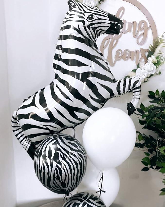 Big 40 Inch Zebra Balloons - Helium Filled, Shaped for Jungle Safari Themed Kids Birthday Party (Pack of 4)