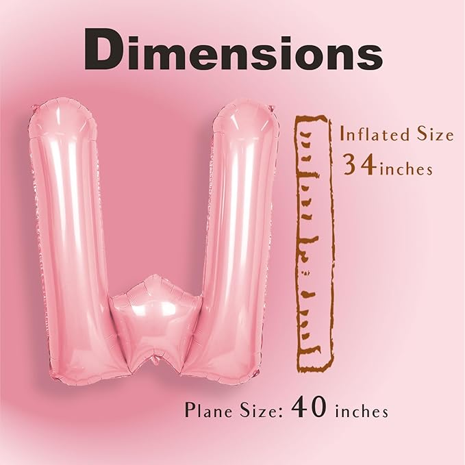 SUWEN 40 Inch Pink Large W Letter Balloons Big Foil Helium Letter Balloons A-Z Jumbo Mylar Happy Birthday Party Decorations for Girl Anniversary Party Supplies