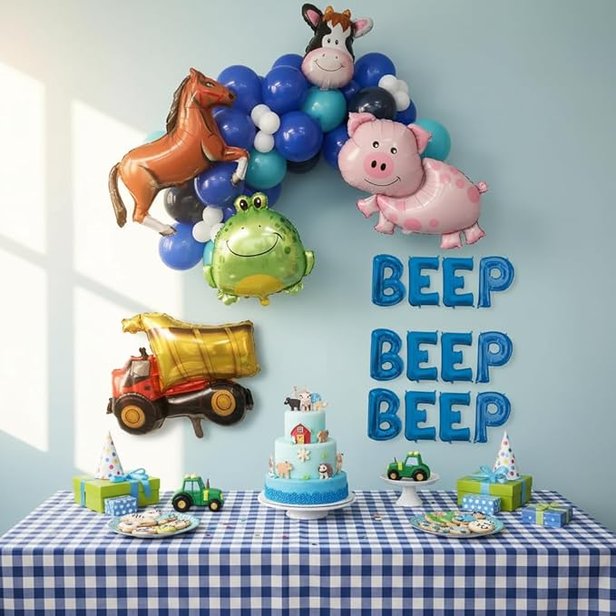 100% LIKED-Beep Beep Beep Balloon Garland, Blue Letters Balloon Banner, Little Truck Birthday Decorations, Pig Toad Cow 1st Birthday Party Decorations