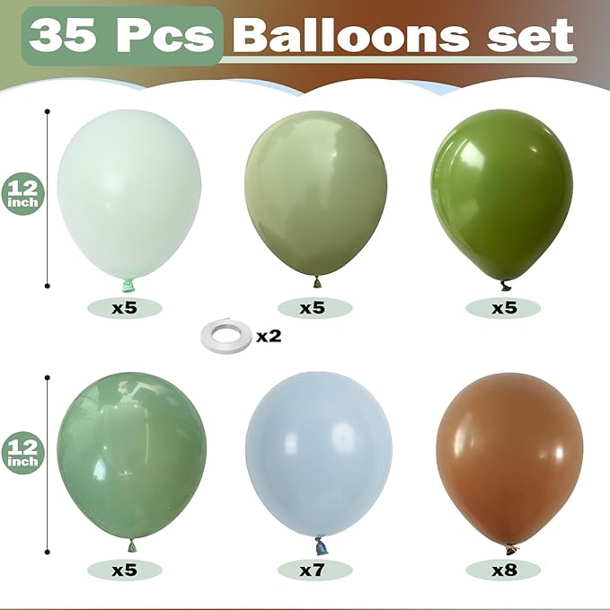 Blue Green Brown Balloons, 12 Inch Sage Pastel Green Balloon Dusty Blue Balloon for Dinosaur Woodland, Jungle Theme Birthday, Dino Baby Shower Decorations
