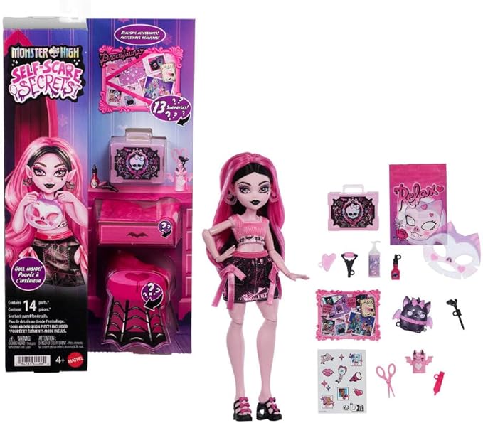 Monster High Self-Scare Secrets Draculaura Doll and Accessories Set with 13 Realistic Surprises Like Working Face Roller and Customizable Mood Board