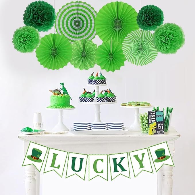 St. Patrick's Day Decorations, St Patty's Saint Decor Accessories for Irish Party Supplies, Including Paper Fan, Glitter Lucky Banner, Shamrock Garlands Clover, Green