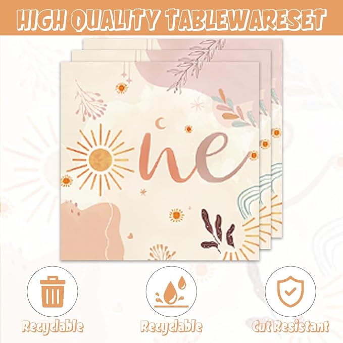 40Pcs First Trip Around The Sun Decorations First Birthday Plates and Napkin Set Girl Disposable Baby Shower Tableware Set Boho Sun 1st Birthday Party Decorations