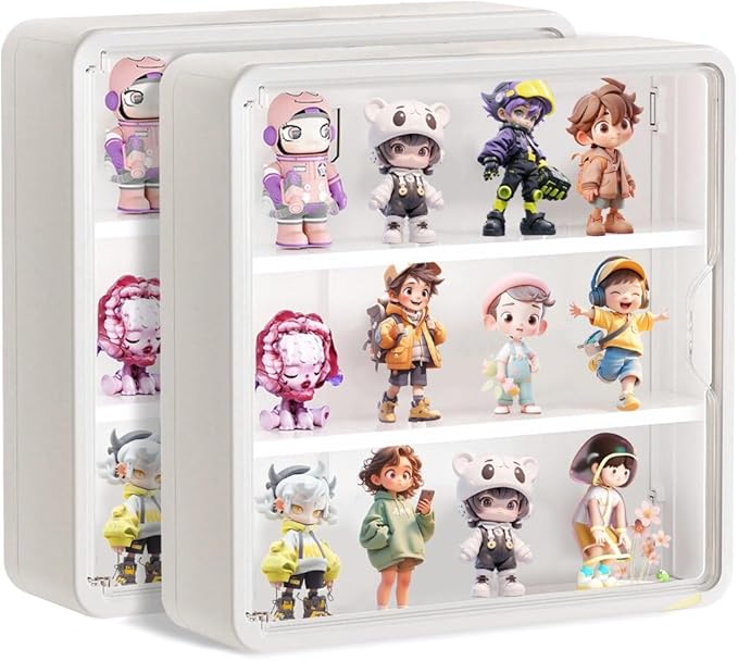 2Pcs White Display Case for Figures,Wall Mounted Acrylic Clear Storage Case,Dust Proof Display Cabinet Organizer with Shelves Magnetic Door for Mini Figure Toys or Collectibles Figures