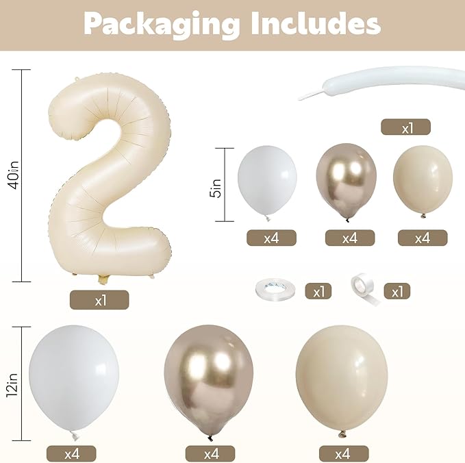 40 Inch Cream Number 2 Balloon for 2nd Birthday Decoration Beige White Sand Number Two Foil Balloon Tower Giant Large Nude Neutral Digit Helium Balloons Stack for Girls Second Anniversary Party