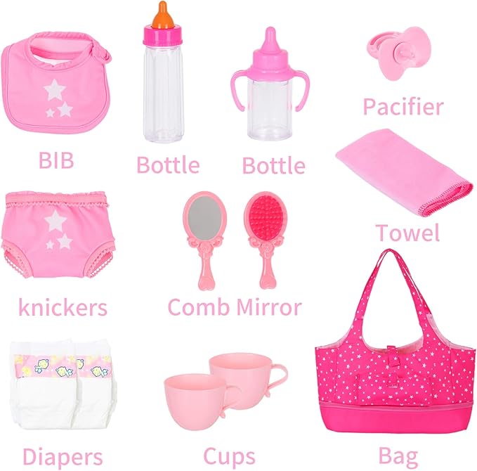 Baby Doll Accessorie, 13 Pcs Doll Stuff Acessories Storage Diaper Bag Set for 14-18 Inch Dolls, Feeding and Caring Set Includes Diaper, Bottle etc Suitable Pretend Play
